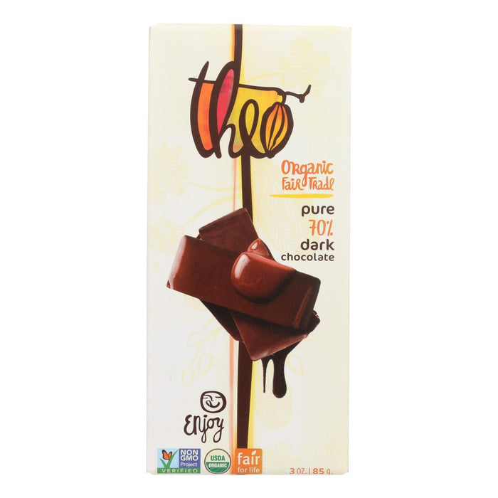 Theo Chocolate Organic Chocolate Bar - Classic - Dark Chocolate - 70 Percent Cacao - Pure - 3 Oz Bars - Case Of 12